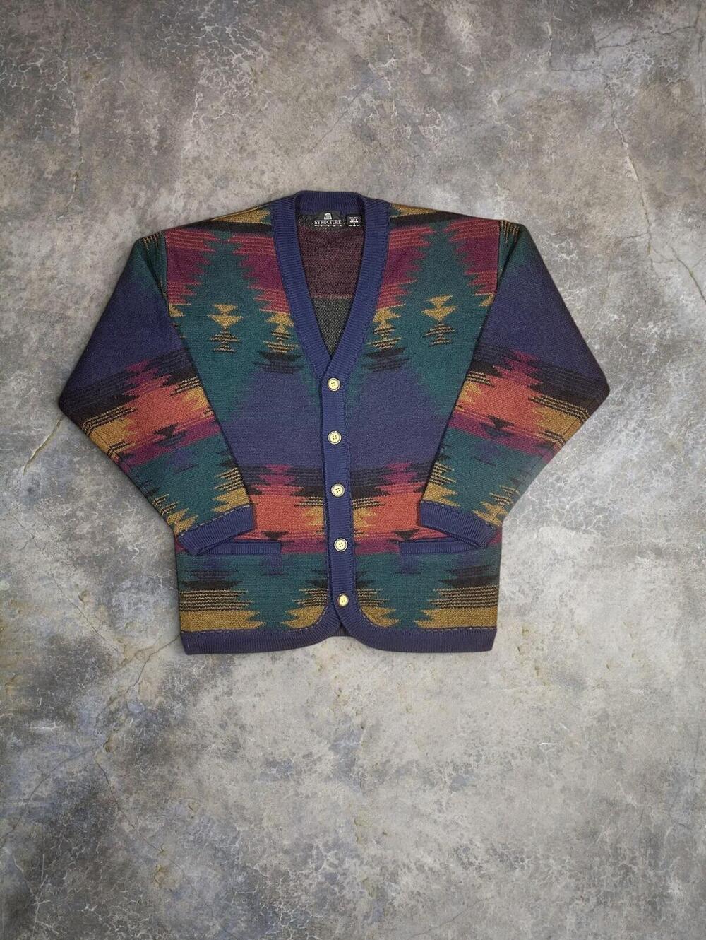 Vtg Structure Aztec Southwest Wool Cardigan Sweater (Fits like L) Sz S